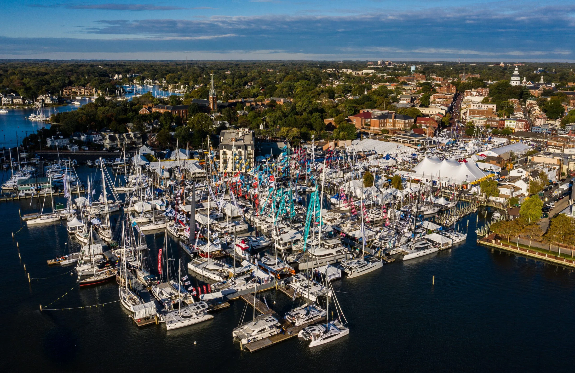 Annapolis Sailboat Show from above in golden sun light